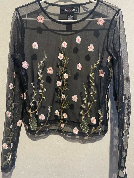 Polly & Esther Tops - Polly & Esther Black Sheer Floral Embroidered Long-Sleeve Top - Pink Flowers